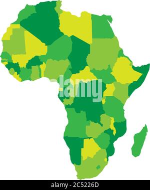 Mappa politica dell'Africa in quattro tonalità di verde su sfondo bianco. Illustrazione vettoriale. Illustrazione Vettoriale