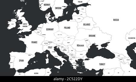 Mappa dell'Europa senza stati scandinavi. Mappa vettoriale bianca su sfondo grigio scuro. Illustrazione Vettoriale