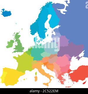 Mappa dell'Europa in colori dello spettro arcobaleno. Con nomi di paesi europei. Illustrazione Vettoriale