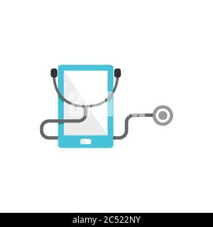 Modello di design del logo della tecnologia vettoriale del medico mobile intelligente online. Stetoscopio con design con logo per telefono cellulare Illustrazione Vettoriale