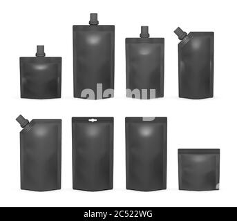 Set di mockup DOYPack nero, illustrazione vettoriale isolata Illustrazione Vettoriale