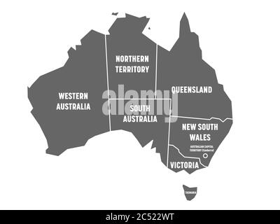 Mappa semplificata dell'Australia divisa in stati e territori. Mappa piatta grigia con bordi bianchi ed etichette bianche. Illustrazione vettoriale. Illustrazione Vettoriale