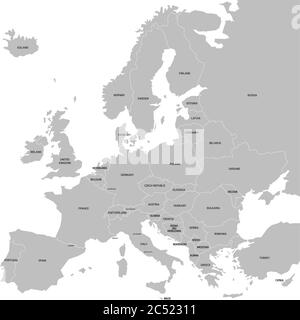 Mappa dell'Europa con i nomi dei paesi sovrani, ministeri inclusi. Mappa vettoriale semplificata in grigio scuro su sfondo bianco. Illustrazione Vettoriale