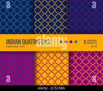 Confezione di carta digitale, set di 6 motivi astratti senza giunture. Sfondi geometrici astratti. Illustrazione vettoriale. Tradizionale modello a quadrifolio. Illustrazione Vettoriale