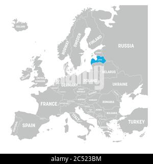 La Lettonia è contrassegnata da una mappa politica blu in grigio dell'Europa. Illustrazione vettoriale. Illustrazione Vettoriale