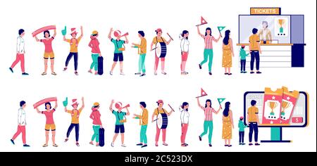 Persone in attesa in coda per biglietti per eventi sportivi, vettore flat illustrazione Illustrazione Vettoriale