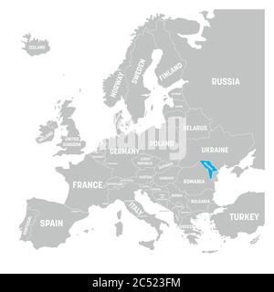 Moldavia segnata da una mappa politica blu in grigio dell'Europa. Illustrazione vettoriale. Illustrazione Vettoriale