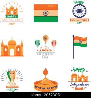 pacchetto di icone celebrazione giorno indipendenza india Illustrazione Vettoriale