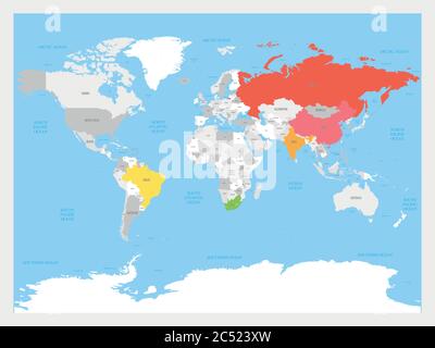 Mappa mondiale con i paesi membri evidenziati dei BRICS - associazione di cinque principali economie nazionali emergenti - Brasile, Russia, India, Cina e Sudafrica. Illustrazione Vettoriale