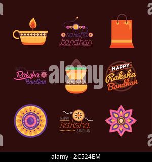 pacchetto di felice raksha bandhan celebrazione insieme icone vettore illustrazione disegno Illustrazione Vettoriale