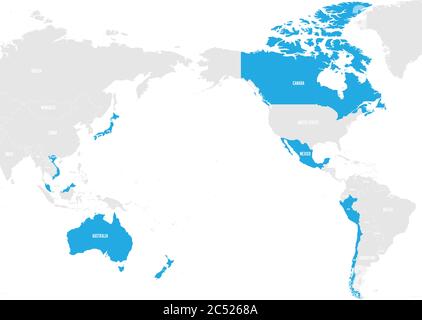 Mappa dell'accordo globale e progressivo per la Trans-Pacific Partnership, CPTPP o TP11. stati membri evidenziati in blu. Illustrazione vettoriale. Illustrazione Vettoriale