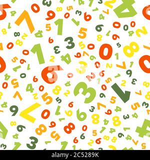 Sfondo matematico - numeri diversi in sequenza casuale. Colorato schema scolastico per bambini. Sfondo matematico multicolore per bambini. Senza cuciture, abst Illustrazione Vettoriale