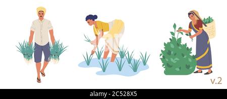 Set di caratteri contadini indiani, vettore piatto illustrazione isolata Illustrazione Vettoriale