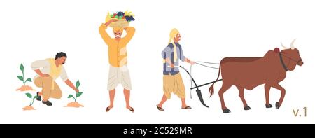 Set di caratteri contadini indiani, vettore piatto illustrazione isolata Illustrazione Vettoriale