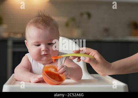 la mano della madre alimenta un cucchiaio con la prima esca di un bambino di sei mesi Foto Stock