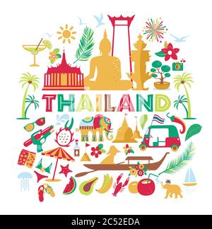 Asia Culture Set of bruight Icons - Bangkok Thailand Vector Illustrazione su sfondo bianco. Tou Illustrazione Vettoriale