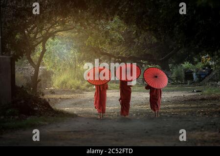 Tre monaci novizi che camminano lungo una strada, Bagan, Mandalay, Myanmar Foto Stock