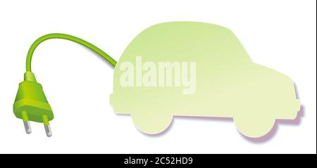 Simbolo dell'auto elettrica. Spina verde con nota adesiva, simbolica per energia alternativa eco-compatibile e moderna tecnologia ambientale automobil. Foto Stock