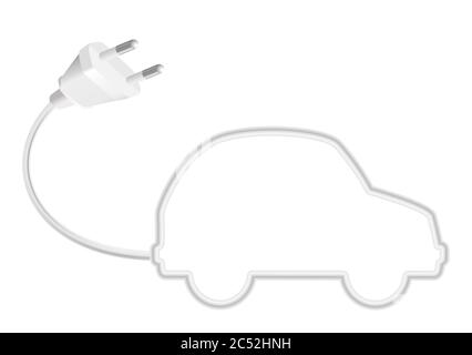 Simbolo dell'auto elettrica con spina e cavo che forma la silhouette di una piccola carina auto, simbolica per l'energia alternativa eco-friendly, ambiente moderno. Foto Stock
