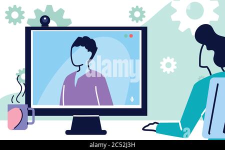 uomini che comunicano tramite video call vettoriale illustrazione desing Illustrazione Vettoriale