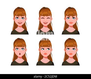 Emozioni di signora carina. Espressioni del viso della donna con i capelli marroni. Emozioni femminili diverse, set. Bel personaggio cartoon. Immagine vettoriale iso Illustrazione Vettoriale