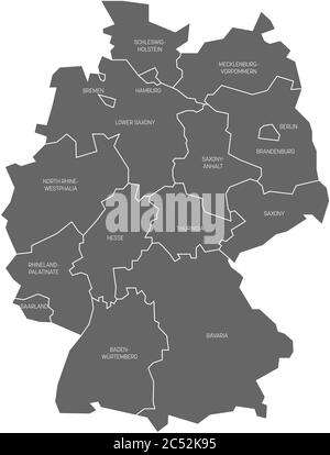 La mappa della Germania si è deviata a 13 stati federali e a 3 città-stati - Berlino, Brema e Amburgo, Europa. Semplice mappa vettoriale piatta in grigio con etichette bianche. Illustrazione Vettoriale