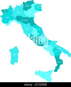 Mappa dell'Italia divisa in 20 regioni amministrative in quattro tonalità di azzurro. Etichette bianche. Semplice illustrazione vettoriale piatta. Illustrazione Vettoriale