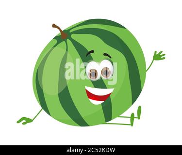 Divertente cocomero con gli occhi. Cartoon divertente frutta caratteri flat vettore illustrazione Illustrazione Vettoriale