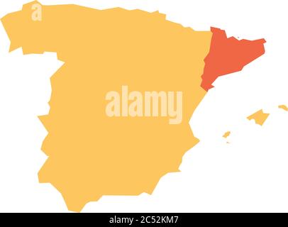 Mappa della Spagna con silhouette gialla e regione della Catalogna evidenziata in rosso. Semplice illustrazione vettoriale piatta. Illustrazione Vettoriale