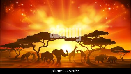 Safari Africano silhouette animali scena paesaggistica Illustrazione Vettoriale