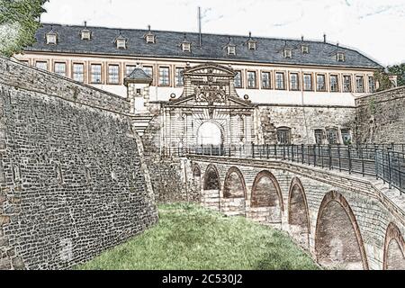 L'ex casa del comandante con Peterstor si trova sul Peterberg. La cittadella barocca Petersberg si trova a Erfurt, capitale della Turingia, GE Foto Stock