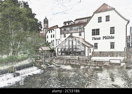 Sul fiume Gera, sul ponte del castello nel centro storico di Erfurt, si trova il nuovo Mulino, Erfurt, capitale della Turingia, Germania, Europa Foto Stock