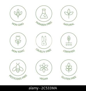 Collezione di badge cosmetici biologici. Set di icone di linea allergenica senza prodotto. Adesivi organici. Etichette per prodotti naturali. Emblemi privi di OGM. Vettore Illustrazione Vettoriale