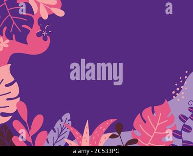 Banner estivo con foglie tropicali e piante. Storie di modelli di social media. Concetto di vacanza estiva. Design della copertura. Decorazione a colori. Vettore Illustrazione Vettoriale