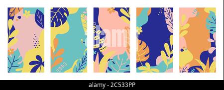 Collezione banner estate. Storie di template sui social media con foglie tropicali e piante in colori pastello. Concetto di vacanza estiva. Illustrazione vettoriale Illustrazione Vettoriale