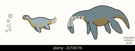 Plesiosaurus dinosauro sesso neutrale bambino illustrazione clipart. Semplice colore bizzaresco minimale a 2 tonalità. Camera bambini arredamento camera stampa o cartone animato Illustrazione Vettoriale