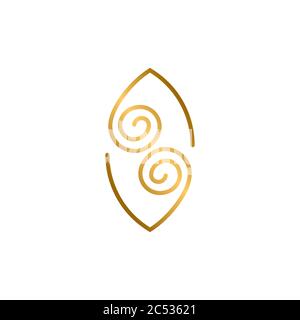Logo a foglia creativa con colore dorato brillante, design lineare, isolato su sfondo bianco. Illustrazione Vettoriale