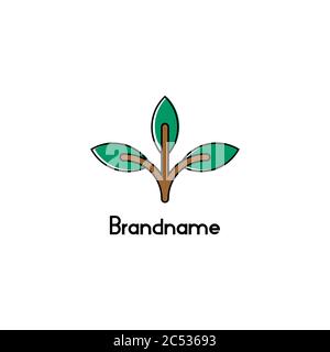 Piante semplici con foglie, loghi per l'industria vegetale corporate, agricoltura, e prodotto naturale. Illustrazione Vettoriale