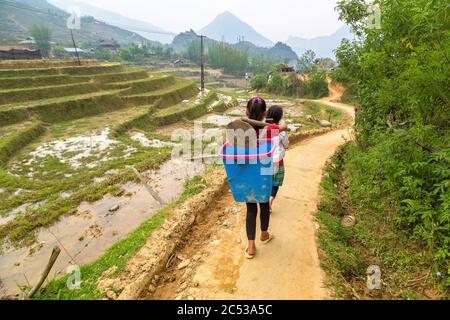 I bambini di minoranza etnica lavorano nel campo del riso a Sapa, Lao Cai, Vietnam in una giornata estiva Foto Stock