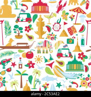 Asia Culture Set di icone bruight con motivo senza giunture - Bangkok Thailandia Illustrazione vettoriale su sfondo bianco. Illustrazione Vettoriale