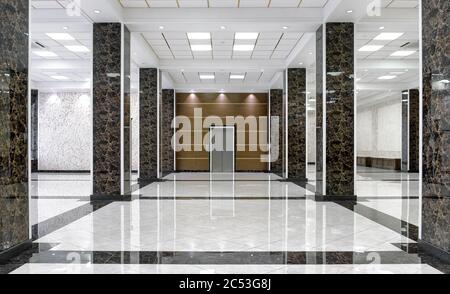 Interni in marmo di una lussuosa lobby di aziende o hotel. Corridoio aziendale pulito con piastrelle di pavimento. Pavimento lucido con riflessi dopo il professionale c Foto Stock