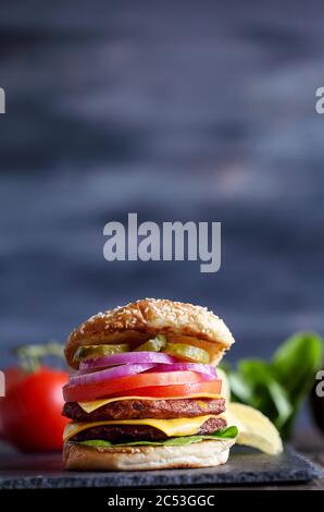 Cheeseburger vegetariano fatto con due polpettine di carne sostitutiva, fette di formaggio fuso, cipolle, sottaceti, lattuga e pomodoro su un fresco seme di sesamo bu Foto Stock