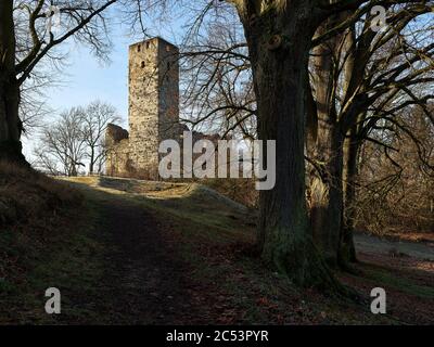 Muri in pietra, rovine, colline, creste, sentiero, alberi, cielo blu Foto Stock