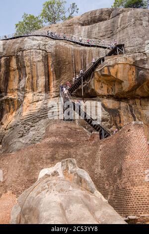 Ripide scale per salire la roccia di Sigiriya, Sri Lanka Foto Stock