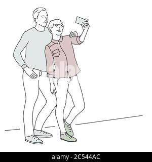 Coppia che fa selfie foto. Illustrazione vettoriale disegnata a mano. Illustrazione Vettoriale