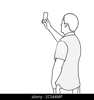 L'uomo fa selfie sullo smartphone. Illustrazione vettoriale del disegno di linee. Illustrazione Vettoriale