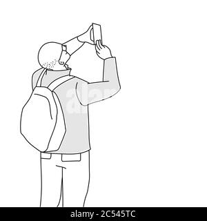 Uomo calvo con uno zaino rende selfie su smartphone. Illustrazione vettoriale del disegno di linee. Illustrazione Vettoriale