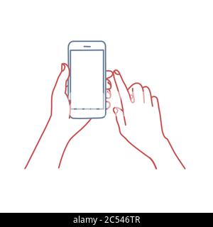 Telefono cellulare touch screen in mano. Illustrazione vettoriale del disegno con linea a colori. Illustrazione Vettoriale