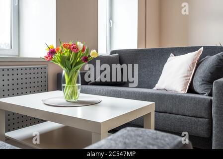 Interni moderni per uffici con divano e fiori Foto Stock