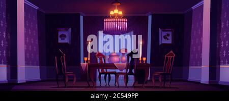 Gli interni della sala da pranzo sono in classico stile vittoriano con candele bruciate di notte. Cartoni animati vettoriali illustrazione di mobili barocchi d'epoca in vecchia sala banchetti con tavolo da festa, sedie e calici Illustrazione Vettoriale